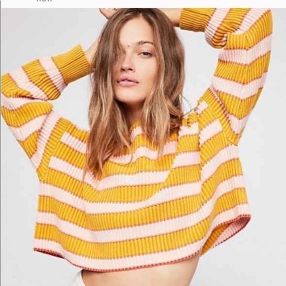 FREE PEOPLE YELLOW BEIGE JUST MY STRIPE CROPPED PULLOVER SWEATER L NWT - Picture 1 of 8